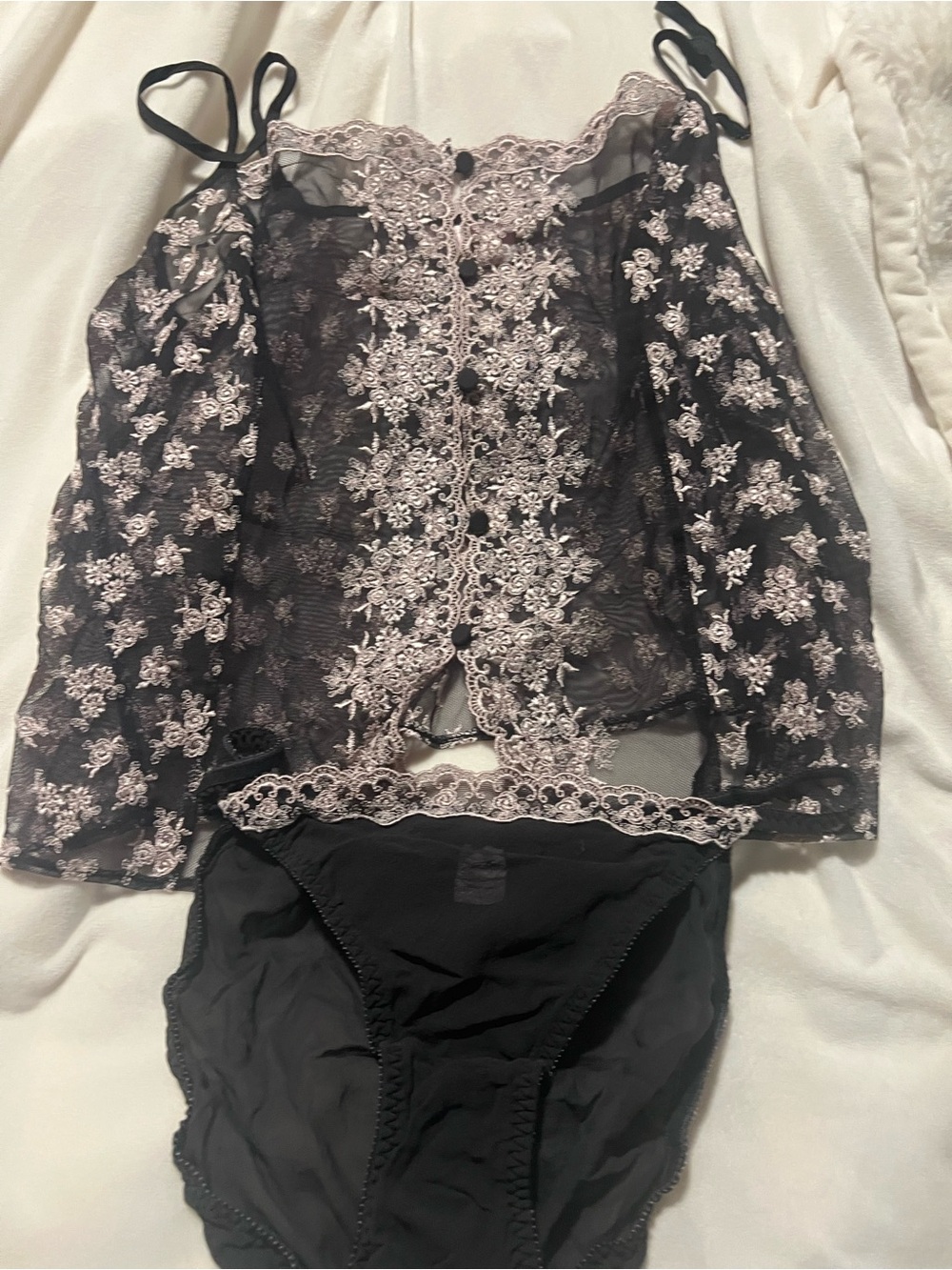 Vintage Victoria’s Secret Sheer Black Lace Embroidered Camisole/Brief Set sz L